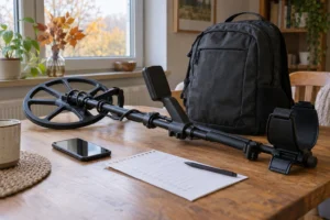 Ілюстрація: металошукач, рюкзак і перелік перевірки на столі перед поїздкою